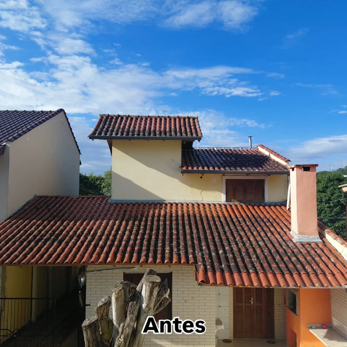 Telhado antes da limpeza, com limo e manchas escuras